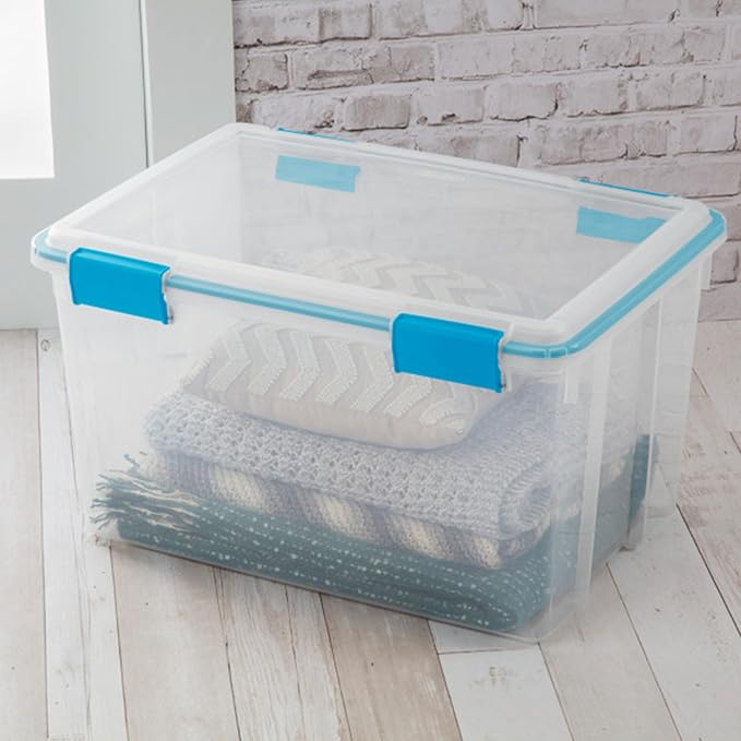 Sterilite 4 Pack Gasket Box, Weather-Resistant Storage Bins with Latching Lids, 54 Quart - Heavy-Duty Organizing Containers for Closet, Bathroom, and Office