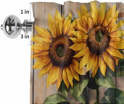 Kitchen Valances for Window, Watercolor Sunflower Retro Board Light Filtering Rod Pocket Valance Curtain, Farm Brown Wood Grain Short Curtains Window Topper for Bedroom Bathroom Living Room 42x12in