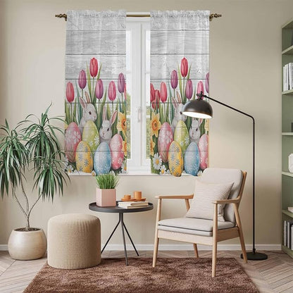 Easter Window Curtains 63 Inch Long 2 Panel Set, Rod Pocket Bedroom Curtains & Drapes, Retro Spring Bunny Eggs Tulip Farm Wooden Grain Light Filtering Window Treatment for Living Room 42"W x 63"L