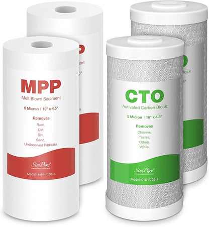 SimPure Whole House Water Filter Cartridges 5 Micron 10" x 4.5" PP+CTO 2-Stage Sediment and Carbon Filter Set, for DB10C-2, DB10P, GE FXHTC, GXWH40L, WGB21B, FP15B, FC15B, 2 Sets