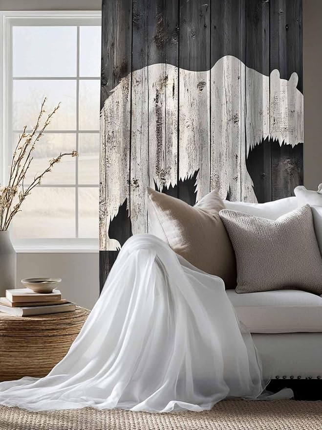 Sheer Curtains 63 Inch Length, White Brown Bear Semi Sheer Curtains Light Filtering Window Treatment, Farmhouse Country Rustic Wooden Grain Privacy Voile Drapes for Living Room Bedroom 52x63 Inch