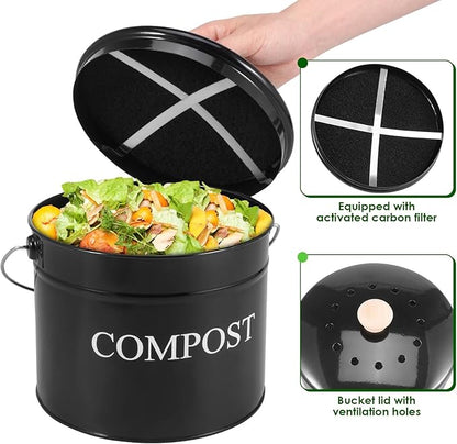 Kitchen Compost Bin 0.8 Gallon Metal Countertop Compost Bin with Lid and Handle, Smell Resistant Indoor Waste Bucket for Food Waste(Black,1)