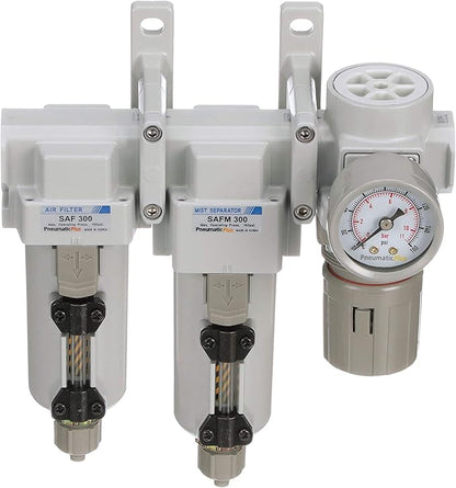 PneumaticPlus SAU330-N03G-MEP Three Stage Compressed Air Drying System - Particulate Air Filter, Coalescing Filter, Air Pressure Regulator Combo 3/8" NPT - Metal Bowl, Manual Drain, Gauge