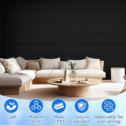 Nuanchu 120 Pcs 3D Slat Wall Panels 12 x 12 Inch PVC Fluted Textured Panel Cuttable Paintable DIY Wall Art Decorative Tiles for Ceiling Studio Bathroom Interior TV Background (Black)
