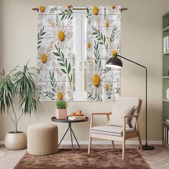 Spring Daisy Kitchen Curtains, Farmhouse Country Flower Leaf Plant Wood Grain Light Filtering Window Curtain Panels, 2Pcs Rod Pocket Window Treatments Set for Living Room Bathroom Bedroom 42x63 Inches