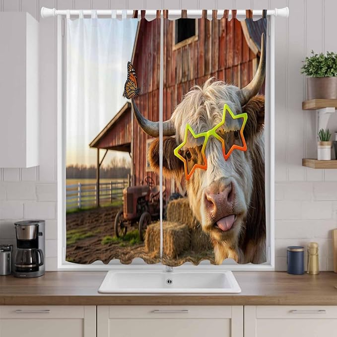 Farm Yaks Living Room Curtains 84 Inch Length, Window Curtains Tab Top, Farmhouse Barn Funny Animals Butterfly Light Filtering Window Treatments Drapes 52"x84" 2 Panel