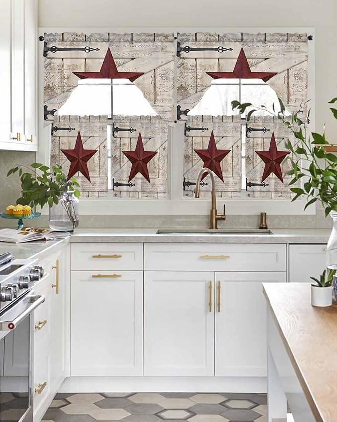 Village Stars Swag Kitchen Curtains Valance and Tier Set, Vintage Dark Red Star Beige Barn Doors Light-Filtering Swag Valance 24 Inch Length, Rod Pocket Short Curtain for Bedroom Cafe
