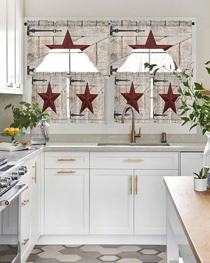 Village Stars Swag Kitchen Curtains Valance and Tier Set, Vintage Dark Red Star Beige Barn Doors Light-Filtering Swag Valance 24 Inch Length, Rod Pocket Short Curtain for Bedroom Cafe