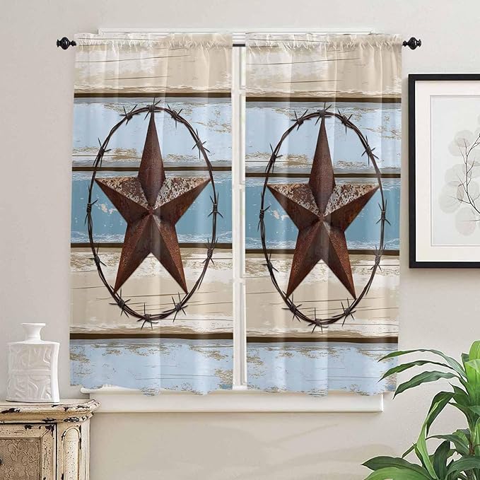 Vintage Western Star on Wood Grain Window Valance Curtains, Retro Wooden Texture Light Filtering Kitchen Valance with 3-inch Rod Pocket for Living Room Bathroom Bedroom,2 Panel,42x63In