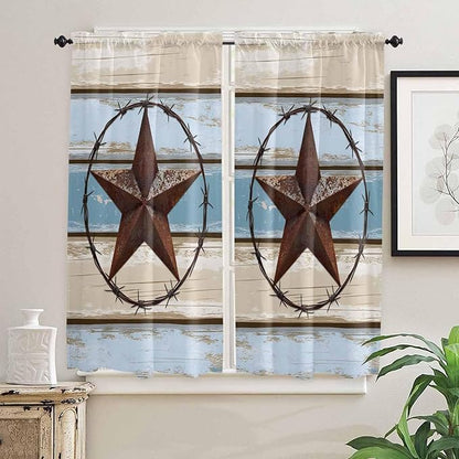 Vintage Western Star on Wood Grain Window Valance Curtains, Retro Wooden Texture Light Filtering Kitchen Valance with 3-inch Rod Pocket for Living Room Bathroom Bedroom,2 Panel,42x63In
