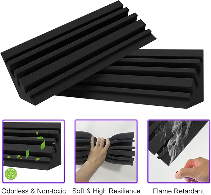 TroyStudio Bass Traps - 12 Pcs 4 X 4 X 12 Inches Dense Thick Studio Bass Foam Corner, Acoustic Treatment Panel Absorbing Echo Reverb, Low Frequency Sound Absorber for Music Room Home Recording Studio