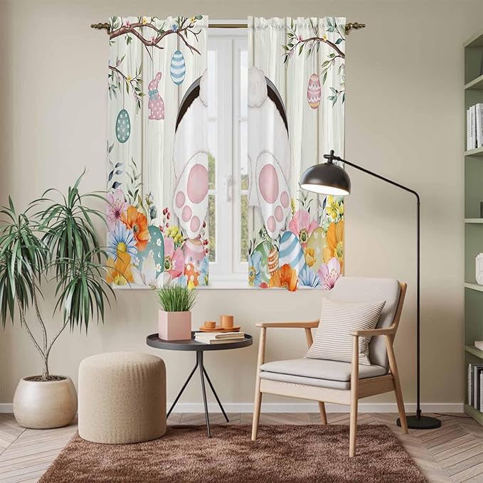 Easter Window Curtains 63 Inch Long 2 Panel Set, Rod Pocket Bedroom Curtains & Drapes, Spring Farmhouse Watercolor Bunny Eggs Wood Grain Light Filtering Window Treatment for Living Room 42"W x 63"L