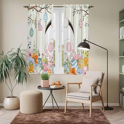 Easter Window Curtains 63 Inch Long 2 Panel Set, Rod Pocket Bedroom Curtains & Drapes, Spring Farmhouse Watercolor Bunny Eggs Wood Grain Light Filtering Window Treatment for Living Room 42"W x 63"L