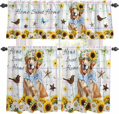 Kitchen Curtains Tiers and Valance Set of 3, Sunflowers Dog Light Filtering Window Curtain Set, Spring Watercolor Floral Stars Colorful Plaid Rod Pocket Curtain Drapes for Living Room, 24 Inches Tiers