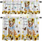 Kitchen Curtains Tiers and Valance Set of 3, Sunflowers Dog Light Filtering Window Curtain Set, Spring Watercolor Floral Stars Colorful Plaid Rod Pocket Curtain Drapes for Living Room, 24 Inches Tiers