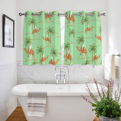 2 Panel Kitchen Cafe Curtains, Desert Camels Sunlight Filtering Nature Air Through, Home Decor Window Covering Tier Curtains for Living Room 104W x 52L inch Tropical Date Palm Trees Animal Green