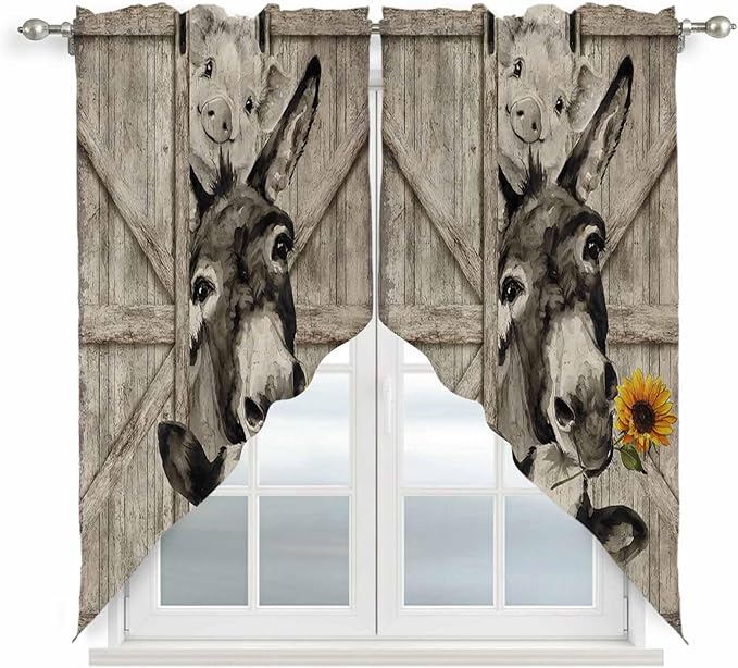 Funny Farm Animals Swag Valances for Windows, Vintage Barn Brown Sunflowers Rod Pocket Kitchen Curtains Valance, Small Window Curtains Swag for Cafe Bathroom Living Room, 2 Panels, 28x36 inch