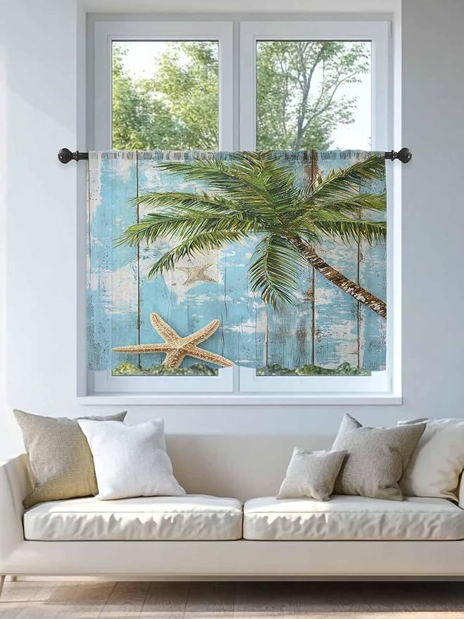 Sheer Curtains 45 Inch Length, Coastal Beach Blue Semi Sheer Curtains Light Filtering Window Treatment, Tropical Coconut Tree Vintage Wood Grain Privacy Voile Drapes for Living Room Bedroom 52x45 Inch