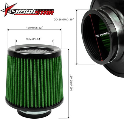 RYANSTAR RACING 76mm 3" High Flow Round Tapered Cone Cool Air Filter Cleaner with Top Filter Design Short 163mm tall Green