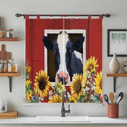 Cow Sunflowers Bathroom Curtains 63 Inch Length, Window Curtains Tab Top, Botanical Floral Leaves Bees Farm Barn Light Filtering Window Treatments Drapes 52"x63" 2 Panel