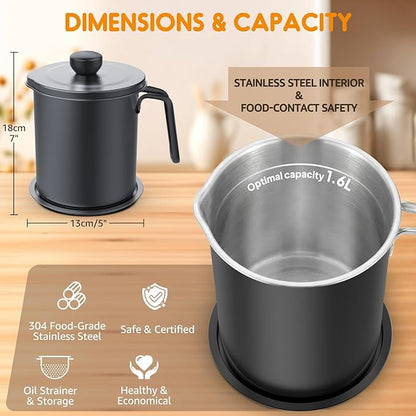 Chihee Grease Container Stainless Steel Bacon Grease Saver with Fine Mesh Strainer 2L / 67.6 fl oz Oil Container Grease Can with Dust-proof Lid Non-slip Tray for Kitchen Storing Frying Cooking Grease