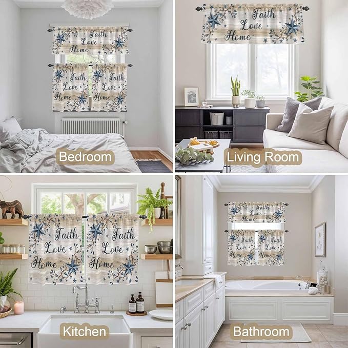 Vintage Country Kitchen Curtains Set 3 Piece for Windows,Rod Pocket Valance and Tier Set 36 Inch Length,Blue Rustic Texas Star Vines Wooden Grain Light Filtering Cafe Curtains for Living Room