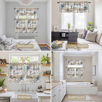 Vintage Country Kitchen Curtains Set 3 Piece for Windows,Rod Pocket Valance and Tier Set 36 Inch Length,Blue Rustic Texas Star Vines Wooden Grain Light Filtering Cafe Curtains for Living Room