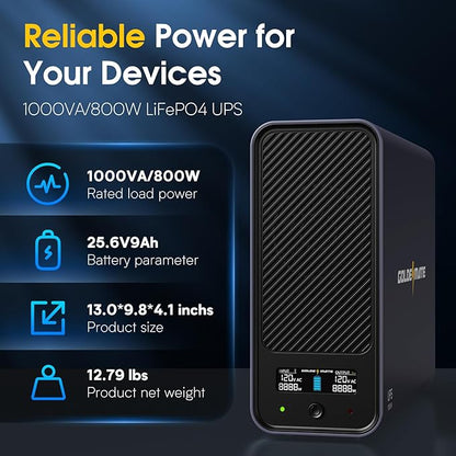 GOLDENMATE 1000VA/800W Lithium UPS Battery Backup and Surge Protector, Sinewave UPS System with LiFePO4 Battery(230Wh), Updated Pro Ver. with USB Communication Port, 8 Outlets, LCD Display, Gray