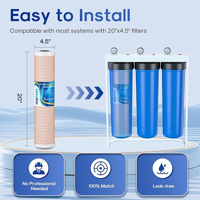 ICEPURE 5 Micron 4.5" x 20" CTO20BB-KDF Whole House Water Filter Coconut Shell Activated Carbon and KDF Heavy Metal Removal Water Filter Replacement for Home, 2 PACK