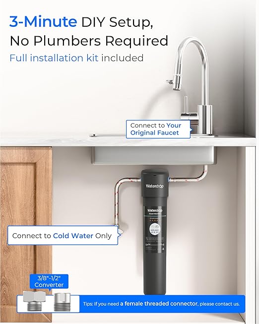 Waterdrop 15UA Under Sink Water Filter System, 2 Years, Reduces Lead, Chlorine, Bad Taste & Odor, Under Counter Water Filter Direct Connect to Kitchen Faucet, NSF/ANSI 42 Certified, USA Tech