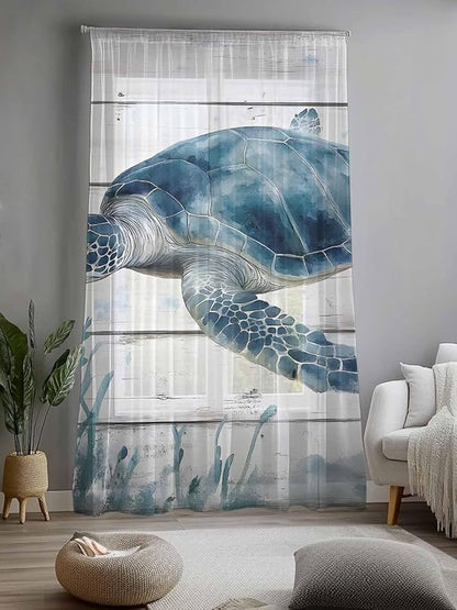 Sheer Curtains 96 Inches Long, Ocean Sea Turtle Semi Sheer Curtains Light Filtering Window Treatment, Coastal Seaweed Vintage Wood Grain Privacy Voile Drapes for Living Room Bedroom 52x96 Inch