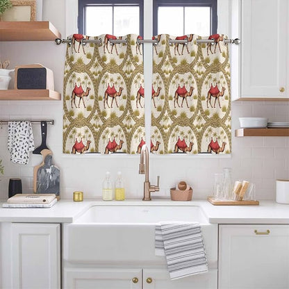 2 Panel Kitchen Cafe Curtains, Camels Palm Trees Sunlight Filtering Nature Air Through, Home Decor Window Covering Tier Curtains for Bedroom Living Room Desert Date Coconut Trees Leaves Cords Beige