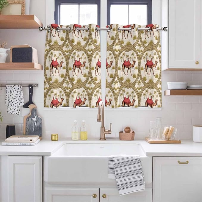 2 Panel Kitchen Cafe Curtains, Camels Palm Trees Sunlight Filtering Nature Air Through, Home Decor Window Covering Tier Curtains for Bedroom Living Room Desert Date Coconut Trees Leaves Cords Beige