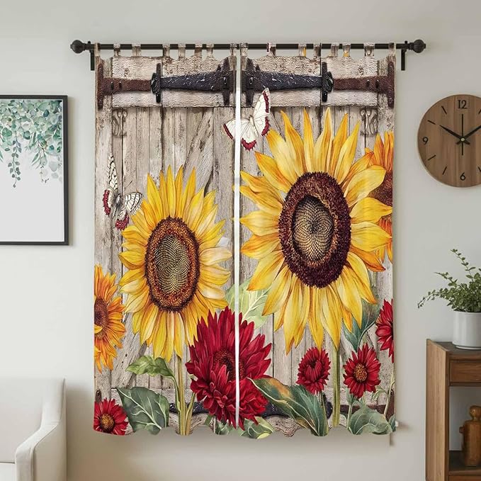 Sunflowers Living Room Curtains 84 Inch Length, Window Curtains Tab Top, Retro Flower Barn Doors Butterfly Farmhouse Brown Light Filtering Window Treatments Drapes 52"x84" 2 Panel