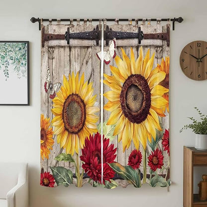 Sunflowers Living Room Curtains 96 Inch Length, Window Curtains Tab Top, Retro Flower Barn Doors Butterfly Farmhouse Brown Light Filtering Window Treatments Drapes 52"x96" 2 Panel