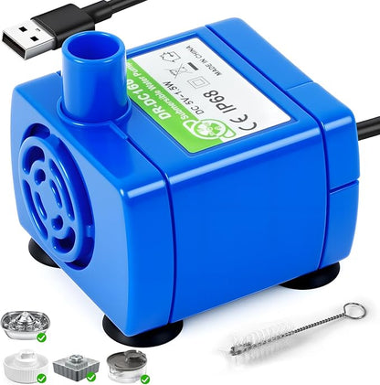 Cat Water Fountain Pump (No Led & with Brush), IP68 DR-DC 160 Submersible Water Pump for Stainless Steel, Ceramic Cat Water Fountain, Ultra Quiet Pet Fountain Pump