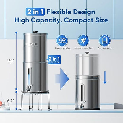 Purewell 2.25G Gravity Water Filter System with Water Level Window, 8-Stage 0.01μm Ultra-Filtration Stainless Steel Countertop System with 4 Filters and Stand, Reduce Fluoride and Chlorine, PW-KS-CF