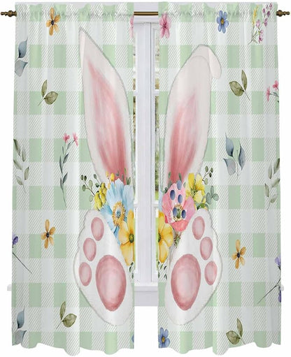 Easter Window Curtains 72 Inch Long 2 Panel Set, Rod Pocket Long Curtains & Drapes, Spring Bunny Ears Feet Flowers Green Plaid Light Filtering Window Treatment for Bedroom Living Room 52"W x 72"L