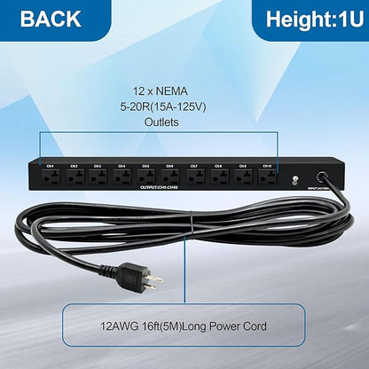 1U PDU Network Servers Surge Protector Power Distribution Unit 12-Outlet, 120V 20A, 3600 Joules 10KA,19″ Rack Mount Power Strip,Heavy-Duty 12AWG 16 ft Cord,w/AC Filter