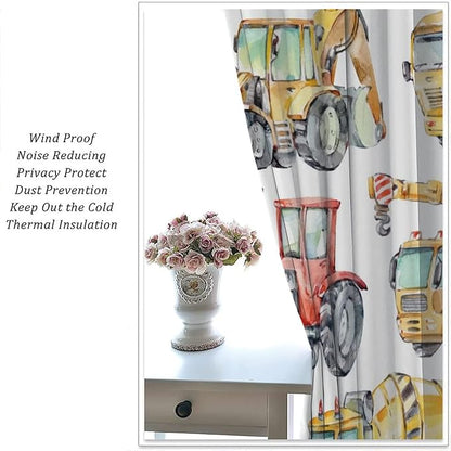 Kids Excavator Curtains, Retro Truck Tractor Machinery Construction Vehicle Crane Digger Mixer Rod Pocket Decorative Windows Curtain for Teens Girls Boys Room 42x63in (30% Blackout)