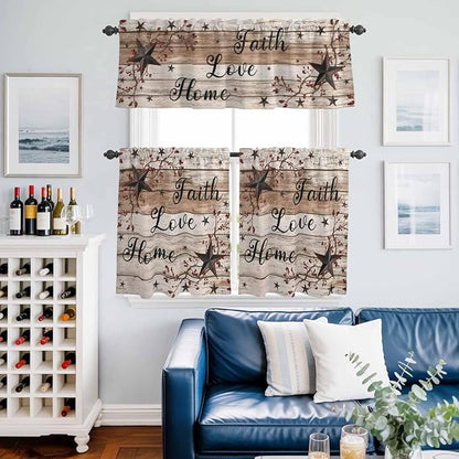 Kitchen Curtains Tiers and Valance Set of 3, Rustic Star Brown Light Filtering Window Curtain Set, Vintage Plants Berry Wooden Grain Rod Pocket Curtain Drapes for Cafe, Living Room, 36 Inches Tiers