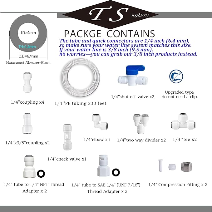 NSF 1/4" inch Water Line Tubing and Push to Connect Fittings for Reverse Osmosis Water Filter RO fittings (Refrigerator Kits),23 pcs connetors+30 feet 1/4" O.D. (6.4mm) water tubing.