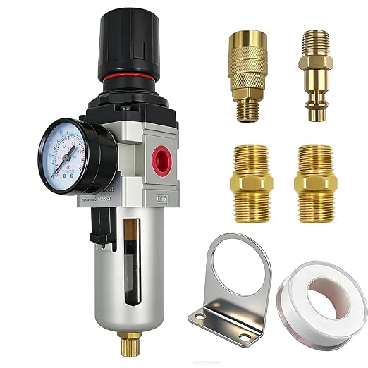 HengMinLingTong 1/2" NPT Compressed Air Filter Regulator Combo Piggyback, 5 Micron Brass Element, Poly Bowl, Semi-Auto Drain, Metal Bracket, 0-150 psi AW4000-04