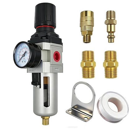 HengMinLingTong 1/2" NPT Compressed Air Filter Regulator Combo Piggyback, 5 Micron Brass Element, Poly Bowl, Semi-Auto Drain, Metal Bracket, 0-150 psi AW4000-04