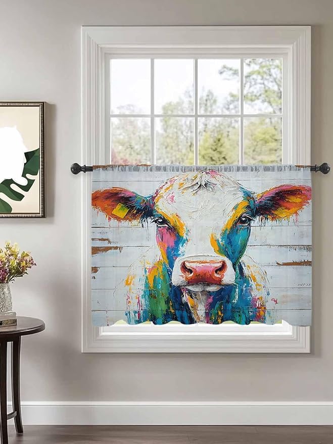 Sheer Curtains 54 Inch Length, Farmhouse Oil Painting Semi Sheer Curtains Light Filtering Window Treatment, Colorful Cow Animal Wooden Grain Privacy Voile Drapes for Living Room Bedroom 52x54 Inch