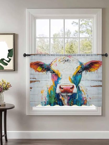 Sheer Curtains 54 Inch Length, Farmhouse Oil Painting Semi Sheer Curtains Light Filtering Window Treatment, Colorful Cow Animal Wooden Grain Privacy Voile Drapes for Living Room Bedroom 52x54 Inch