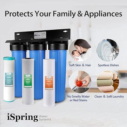 iSpring WGB32BM+AHPF12MNPT16X2 3-Stage Whole House Water Filter System, Reduces Iron & Manganese, Chlorine, Sediment Home Water Filtration System w/ 3/4'' Braided Stainless Steel Hose Connectors