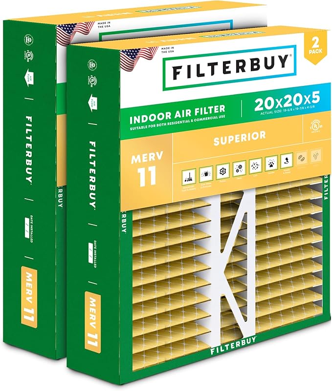 Filterbuy 20x20x5 Air Filter MERV 11 Superior Pet & Allergy Defense (2-Pack), Pleated HVAC AC Furnace Filters for Honeywell FC100A1011, Lennox X0585, and More (Actual Size: 19.63 x 19.88 x 4.38)