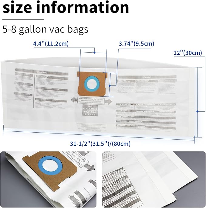 for Shop Vac Bags 5-8 Gallon, Type E 90661 9066133, Type H 90671 9067133; VF2004, VHBS VDBS High- Efficiency Disposable Vacuum Collection Filter Bags 5 Pack