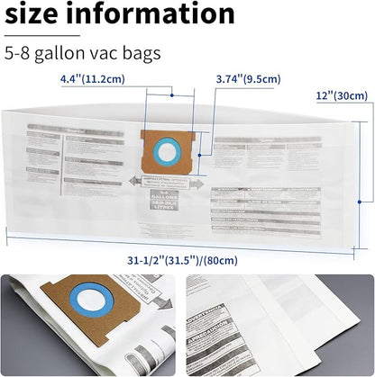 for Shop Vac Bags 5-8 Gallon, Type E 90661 9066133, Type H 90671 9067133; VF2004, VHBS VDBS High- Efficiency Disposable Vacuum Collection Filter Bags 5 Pack